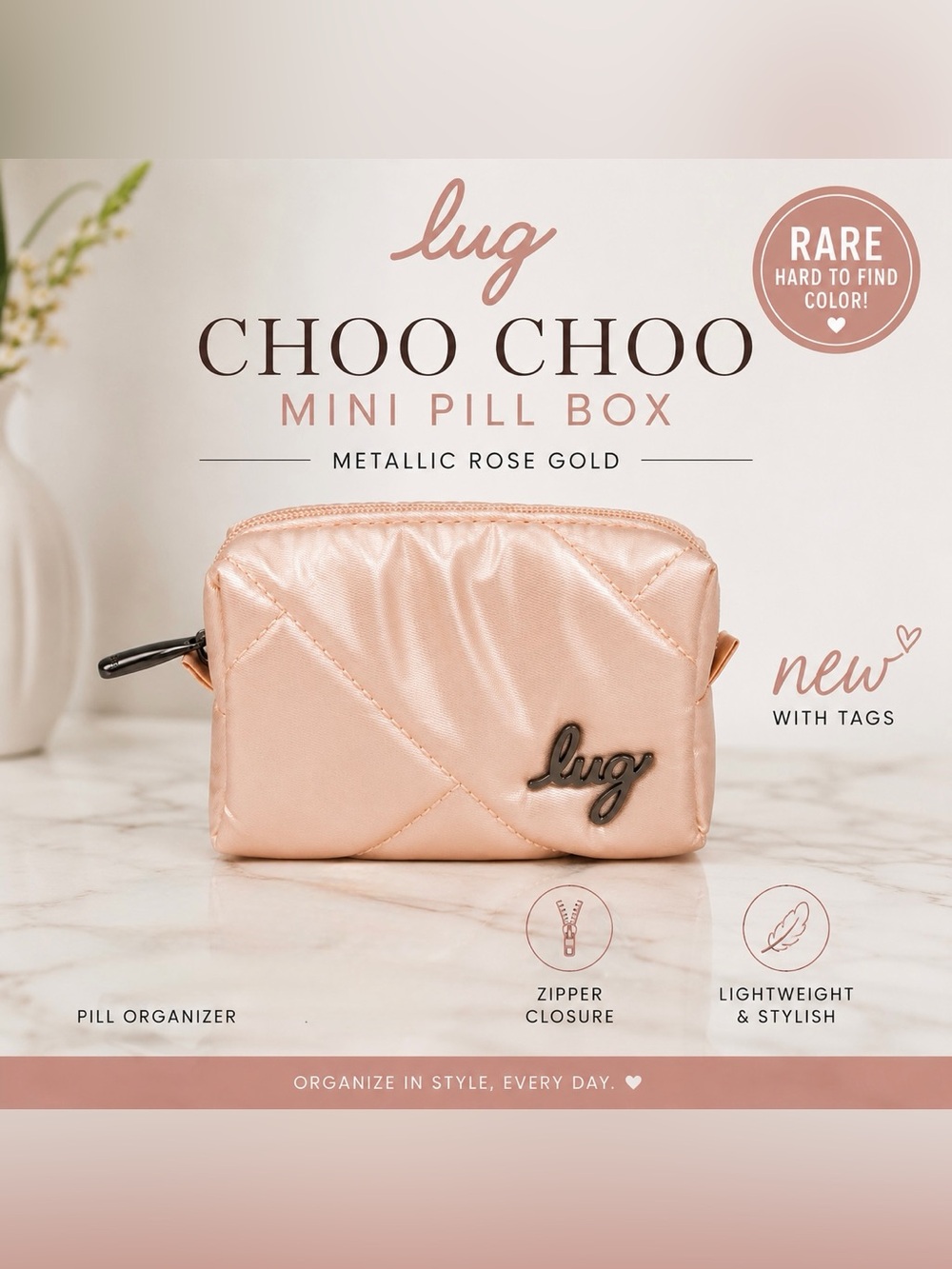 Lug Choo Choo Mini Pill Box Metallic Rose Gold NWT Rare